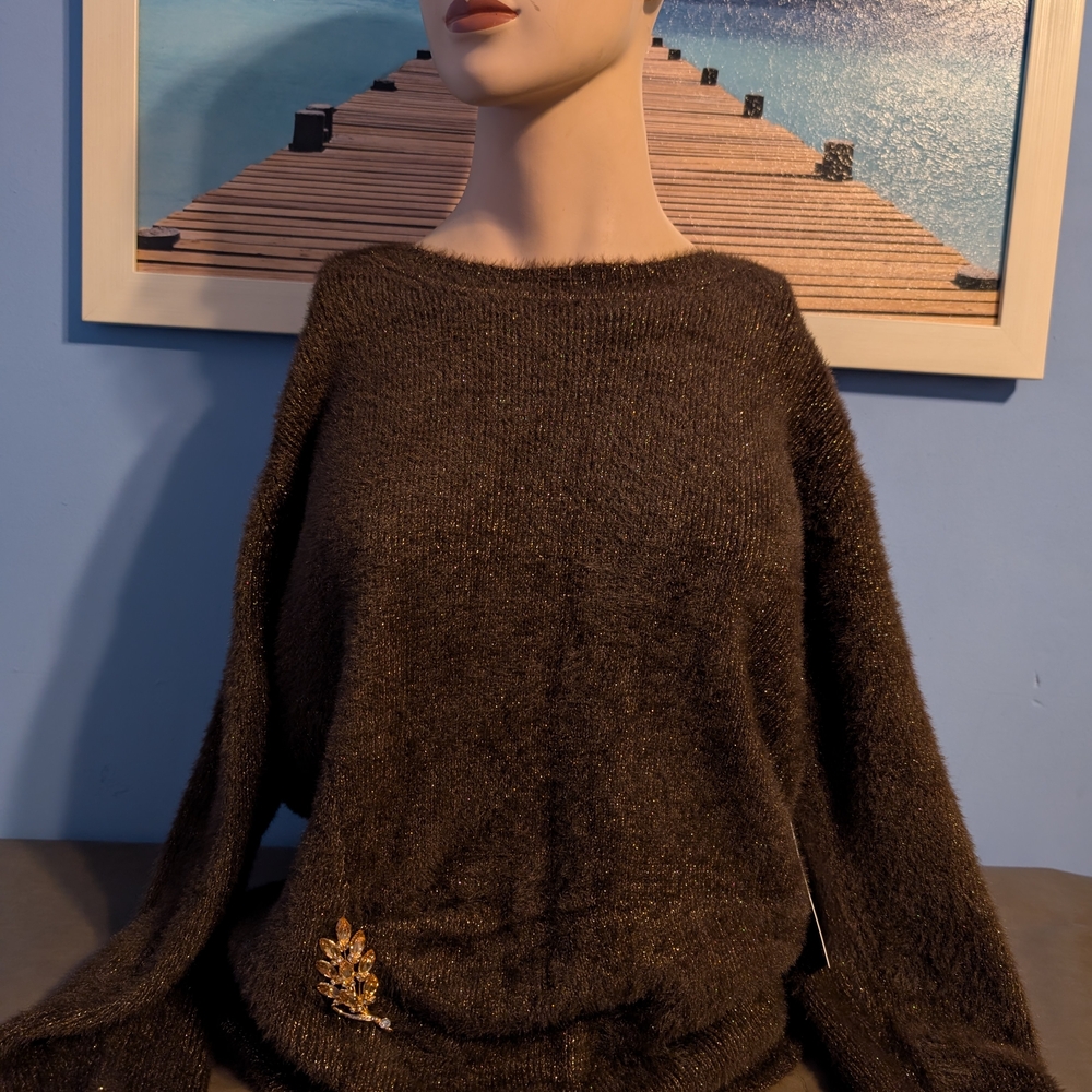 Nwt Liz Claiborne Dark Chocolate Brown Brooch Sweater Soft Stretch XLarge